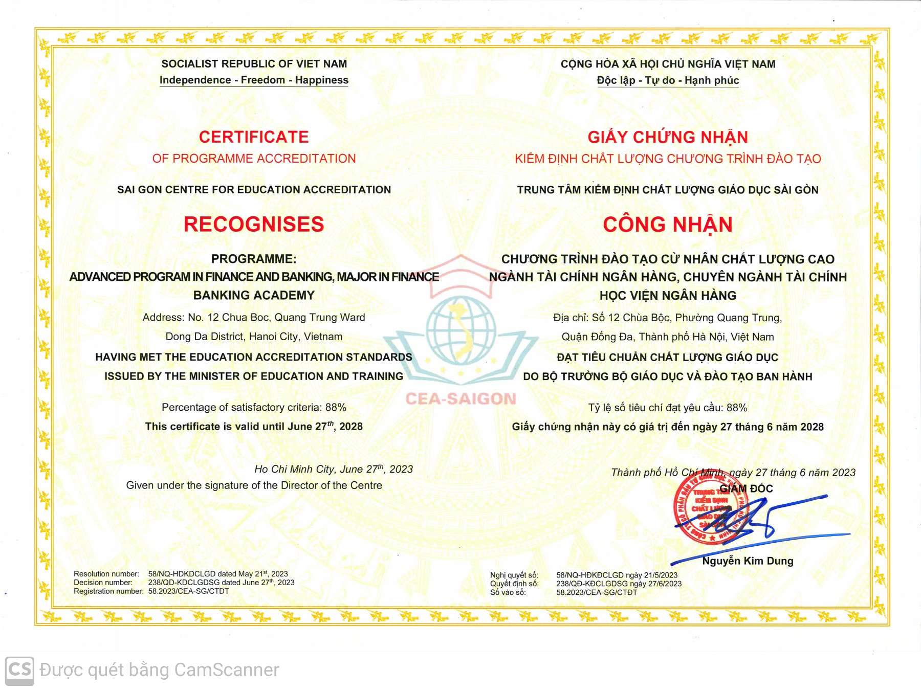 Giấy chứng nhận Kiểm định chất lượng CTĐT Cử nhân Chất lượng cao chuyên ngành Tài chính